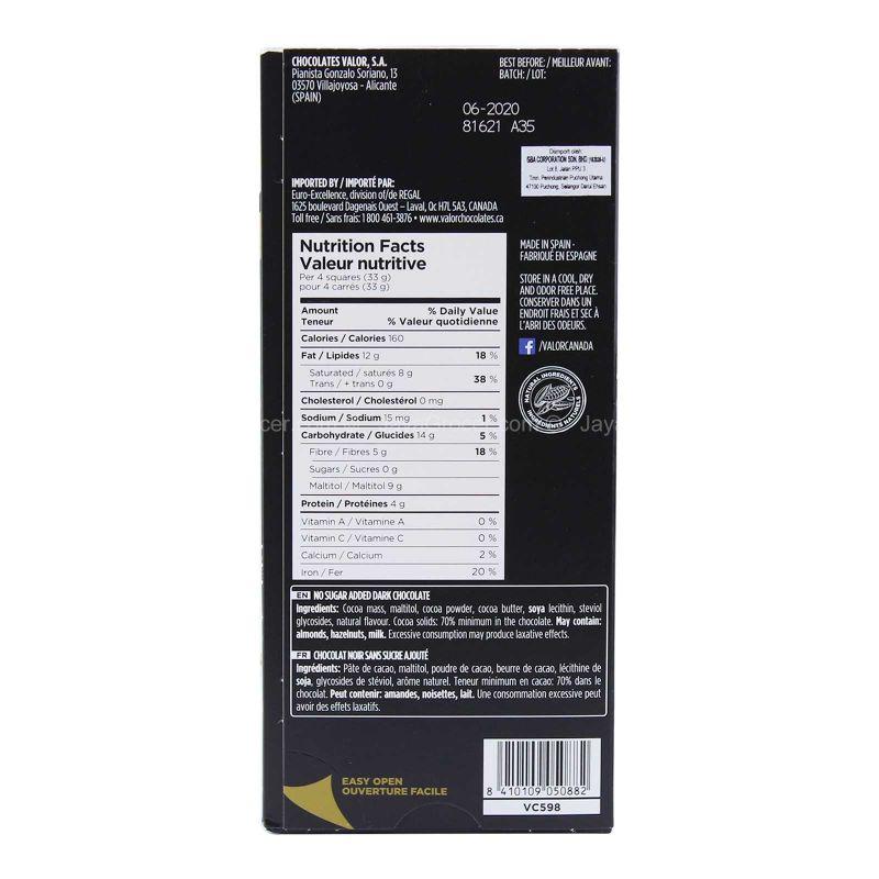 Valor 70% Cacao 0% Added Sugar Dark Chocolate 100g