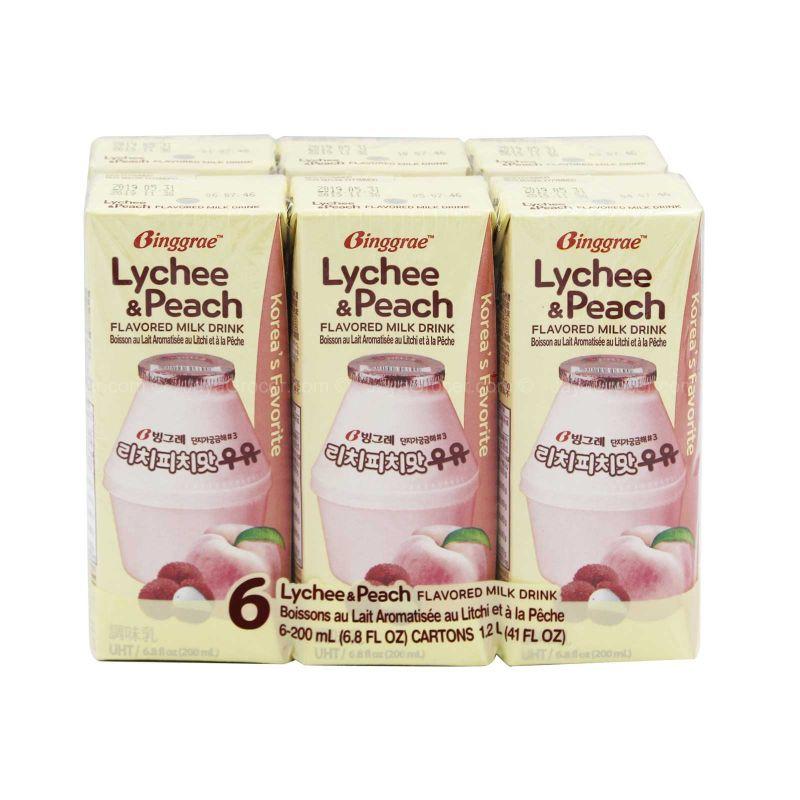 Binggrae Lychee and Peach Flavored Milk Drink 200ml x 6